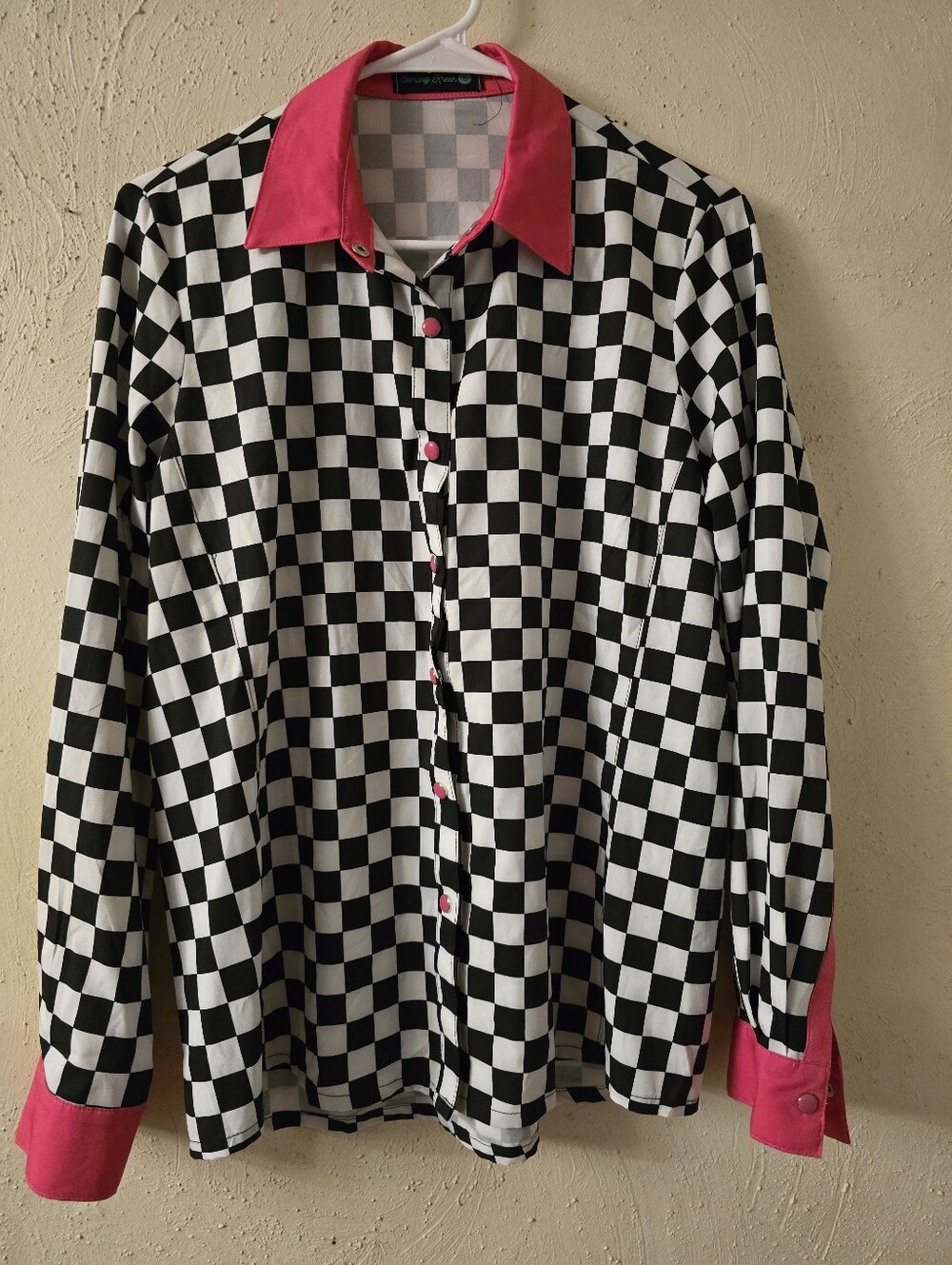 Checkerboard Button-Down Shirt with Pink Collar & Cuffs